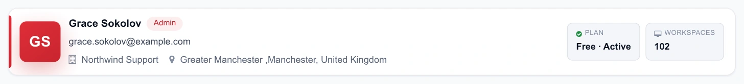 Account banner with avatar, name, admin badge, email and organisation on the left, and plan and workspace-count stats on the right
