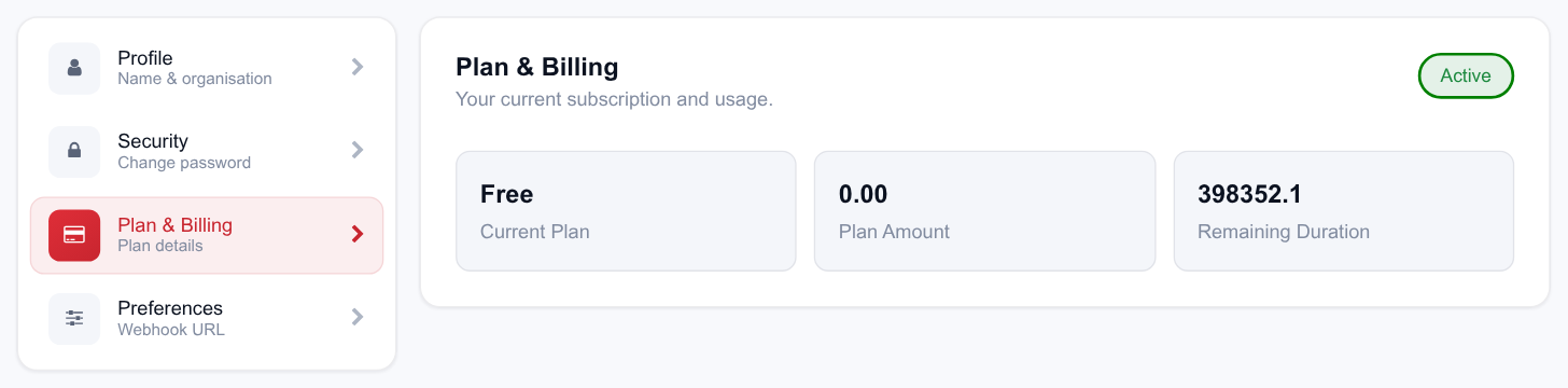 The Plan and Billing tab showing current plan, plan amount and remaining duration, with an Active status pill