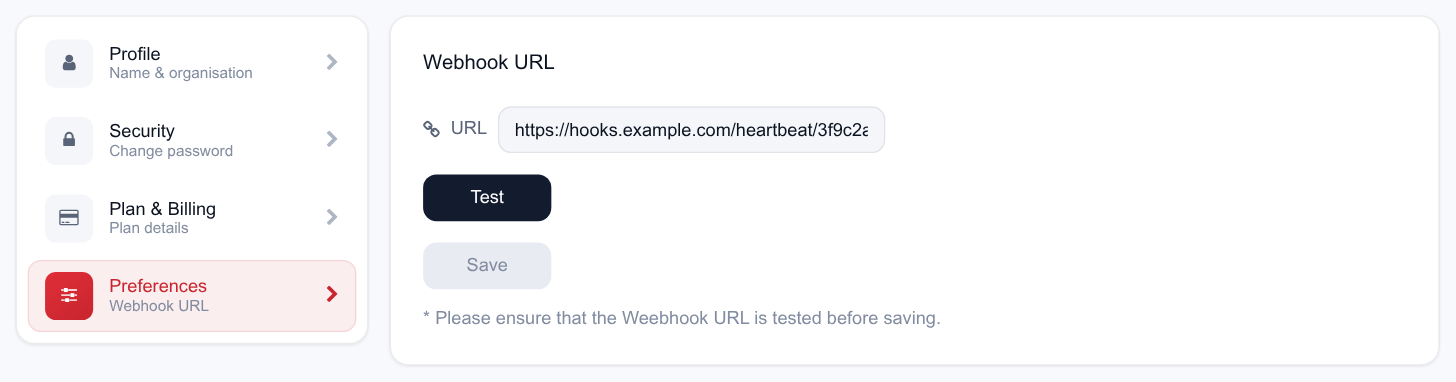 The Preferences tab of the Account screen, with the webhook URL field, a Test button and a greyed-out Save button