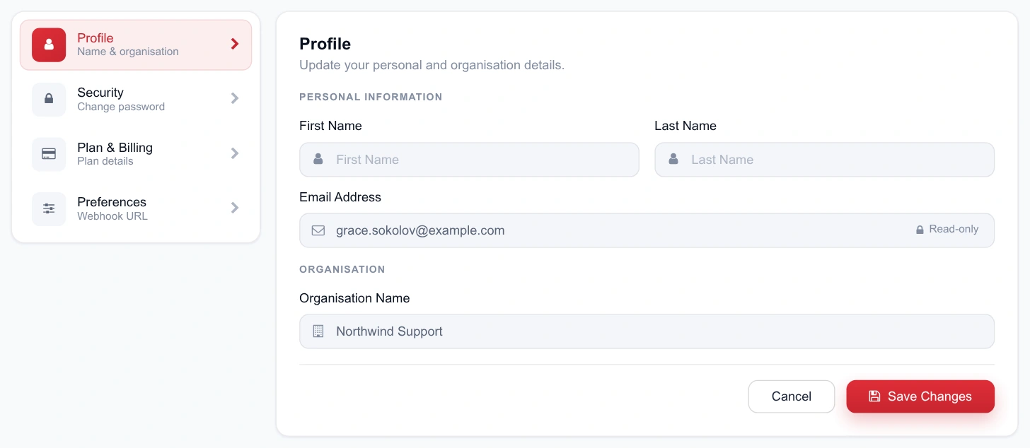The Account screen with the four-tab rail on the left and the Profile form on the right