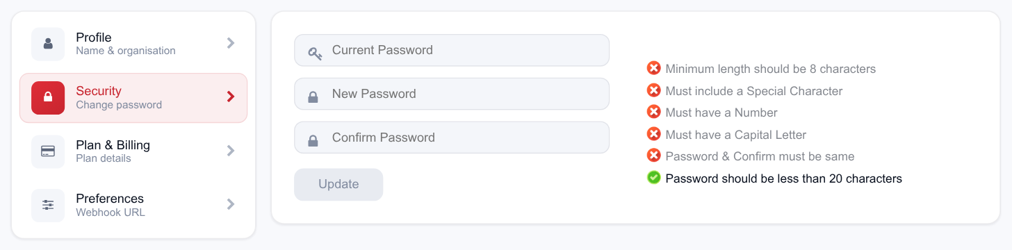 The Security tab with current, new and confirm password fields beside a live checklist of the password rules