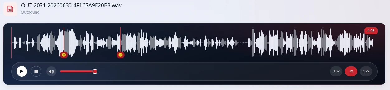 Call preview header with the audio filename, direction, and the seekable waveform player with speed presets