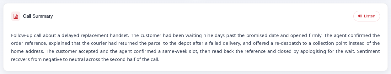 The Call Summary card with a paragraph describing the call and a Listen button