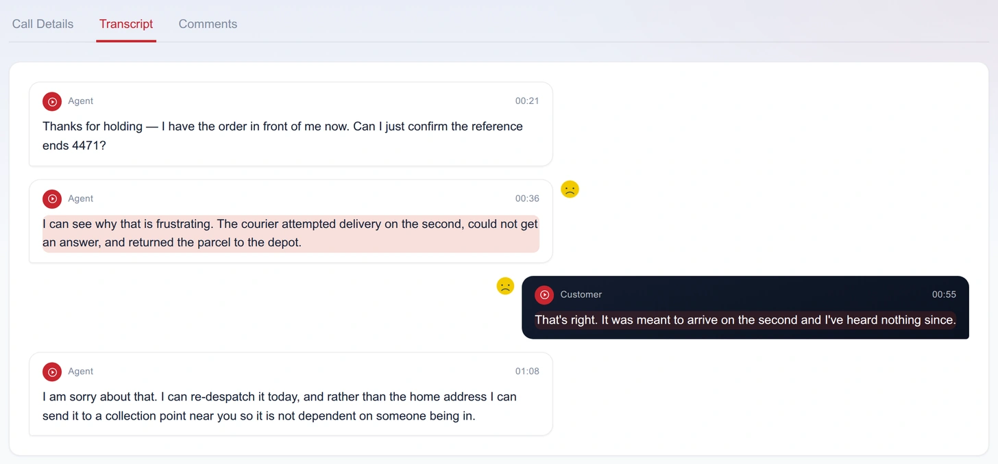 Speaker-separated transcript: agent turns on the left, customer turns on the right in dark bubbles, each with a play control, a timestamp and an emotion marker