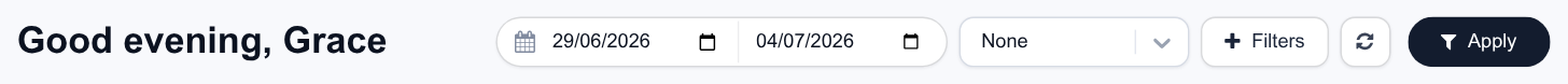 The dashboard toolbar: From and To date fields, saved filter selector, Filters, refresh and Apply