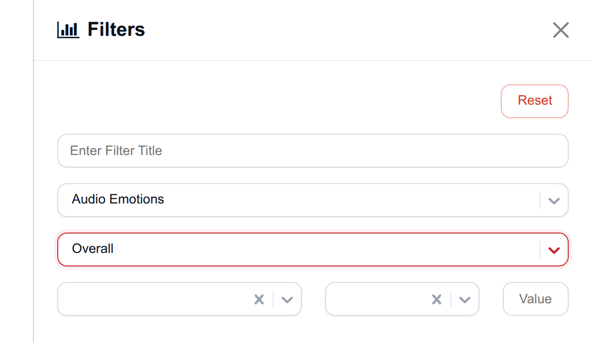 Top of the Filters drawer: a filter title field, the Audio Emotions metric selector, the Overall sub-metric selector, and an empty condition and value row