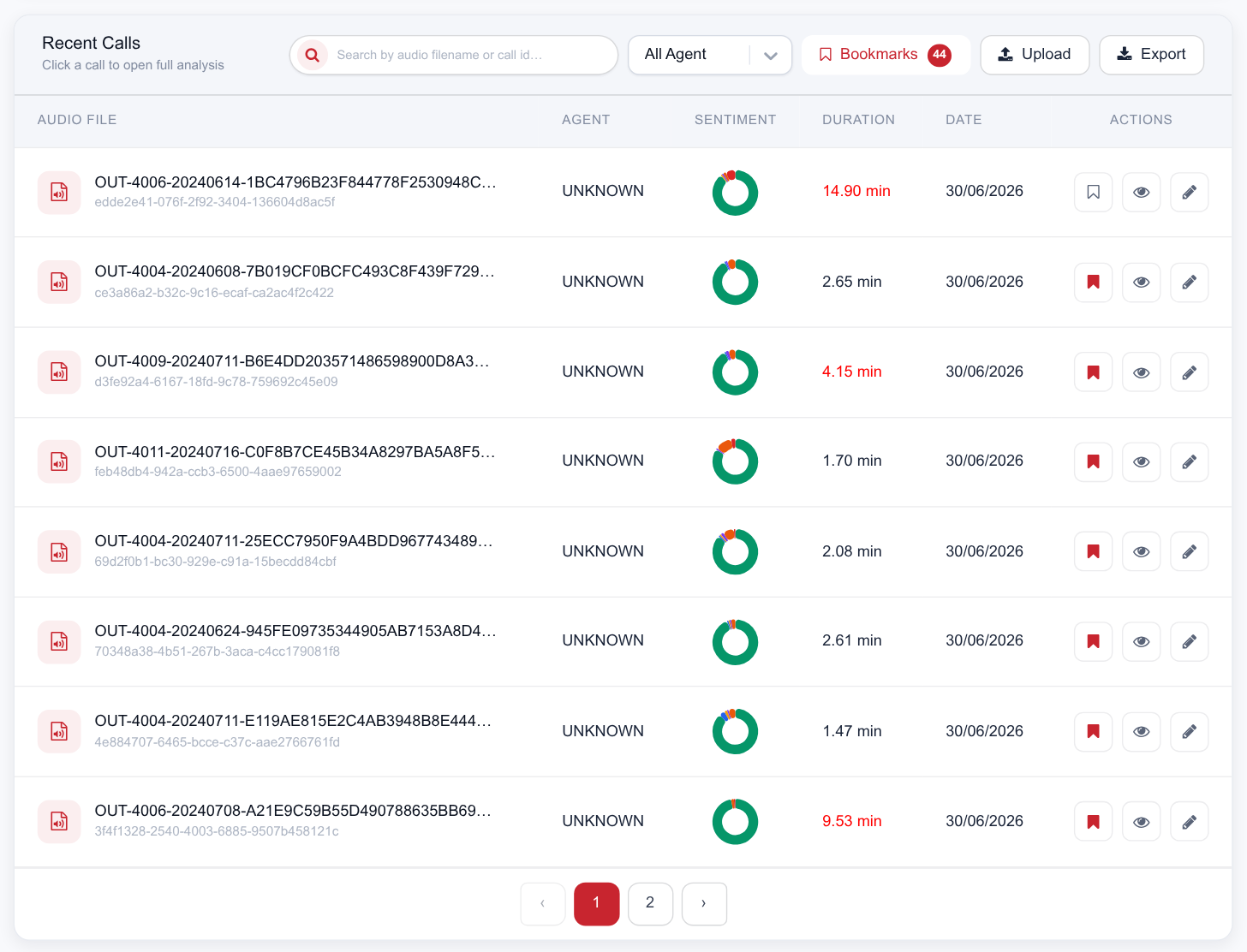 The Recent Calls table with search, agent filter, bookmarks, upload and export controls above the rows
