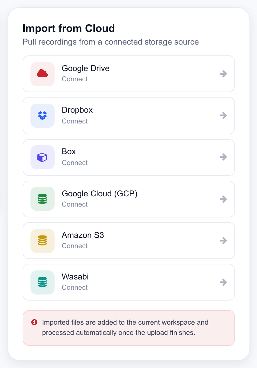 Import from Cloud panel listing Google Drive, Dropbox, Box, Google Cloud, Amazon S3 and Wasabi with their connection state