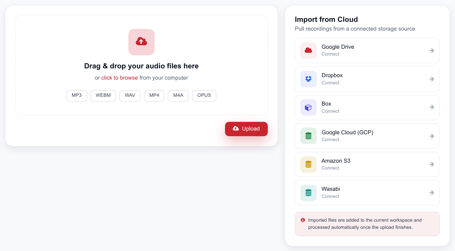 The Upload Audio screen: drag-and-drop zone with accepted formats on the left, Import from Cloud panel listing connected sources on the right