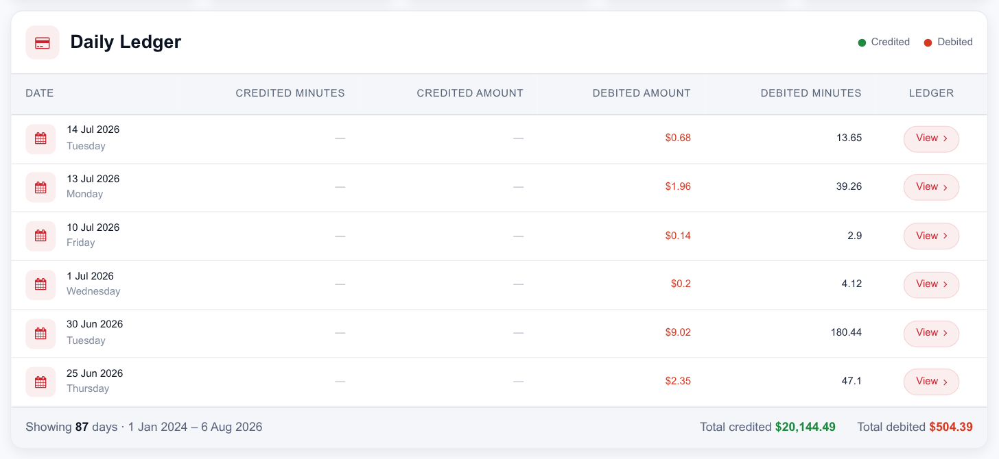 The Daily Ledger table, one row per day, with credited and debited minutes and amounts and a View link per row