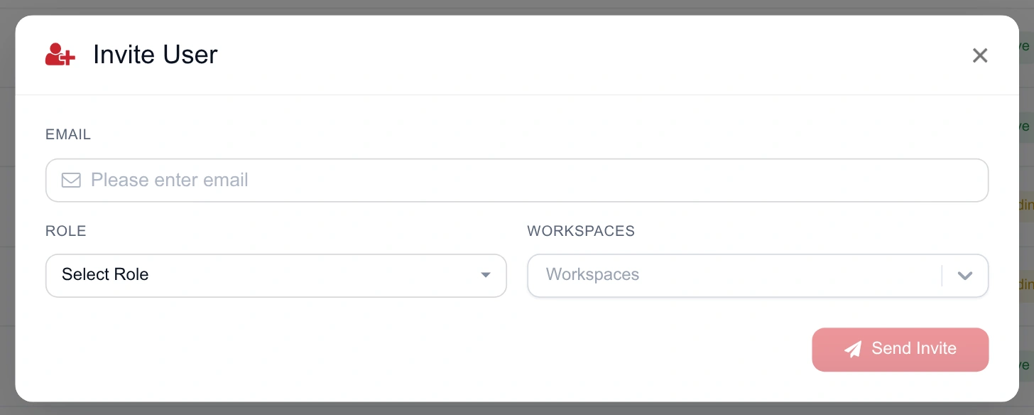 The Invite User dialog with email, role selector, workspace selector and a Send Invite button