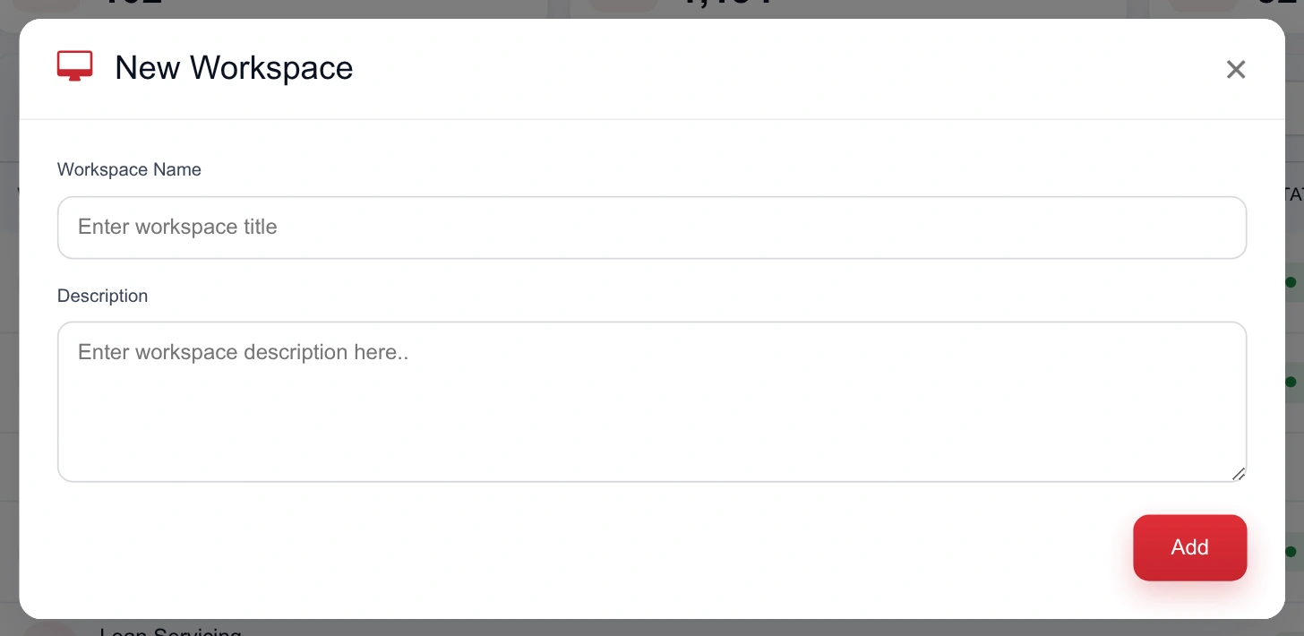 The New Workspace dialog with fields for the workspace name and a description, and an Add button