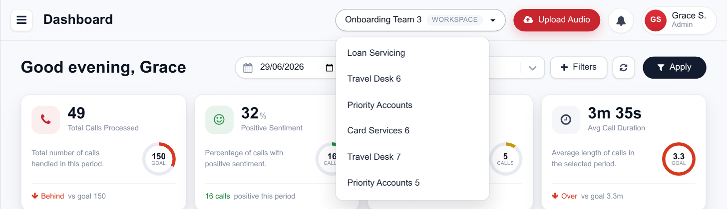 The workspace switcher open, listing the workspaces the signed-in user can reach