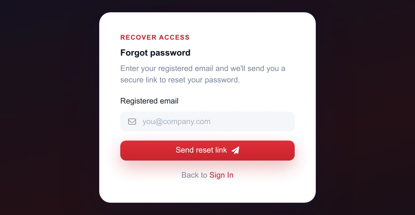 Forgot password screen with a registered email field and Send reset link button