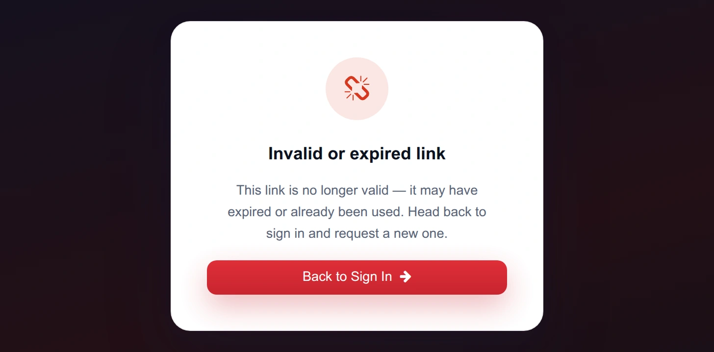 Invalid or expired link screen with a Back to Sign In button