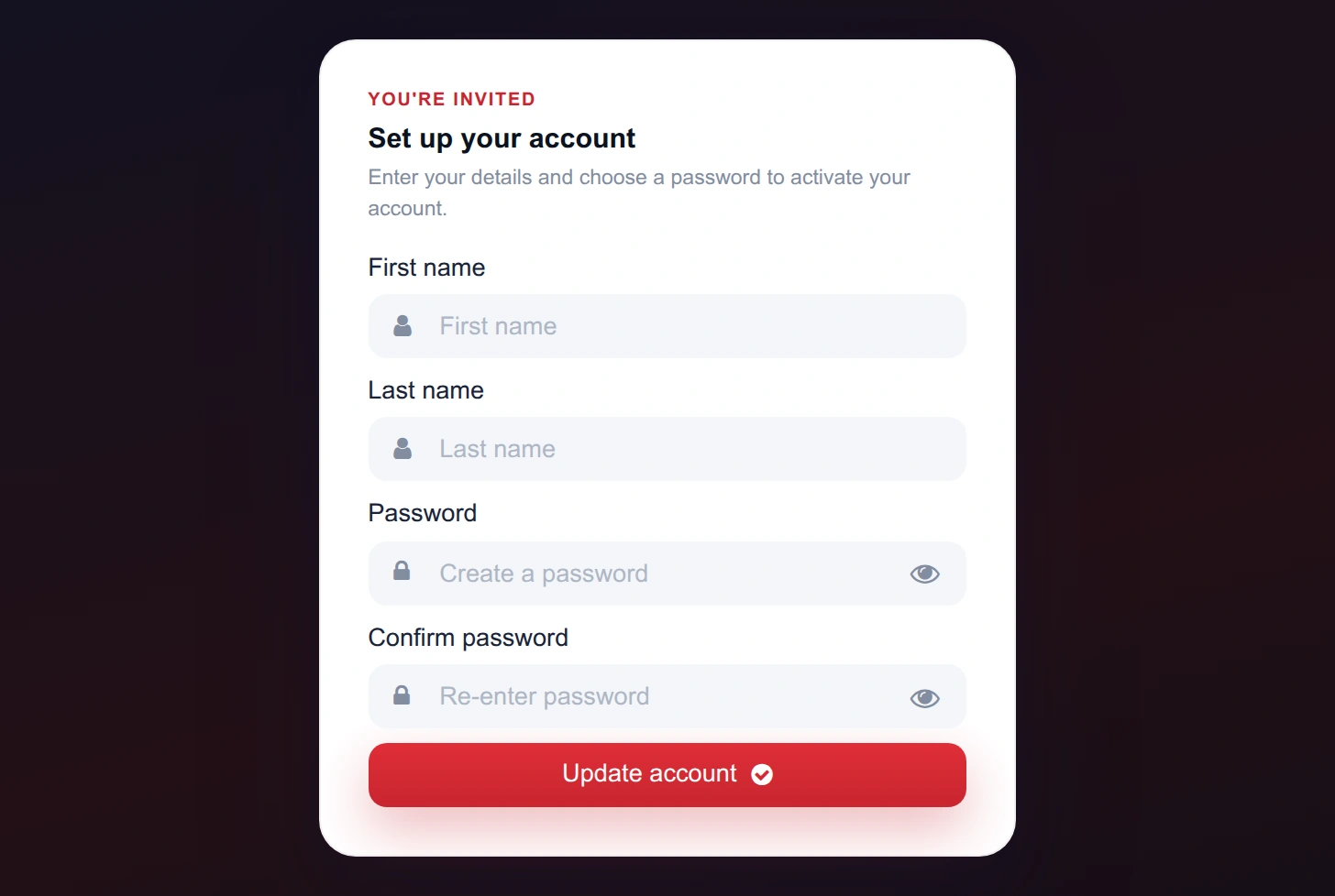 Set up your account — first name, last name and password fields on the invitation link