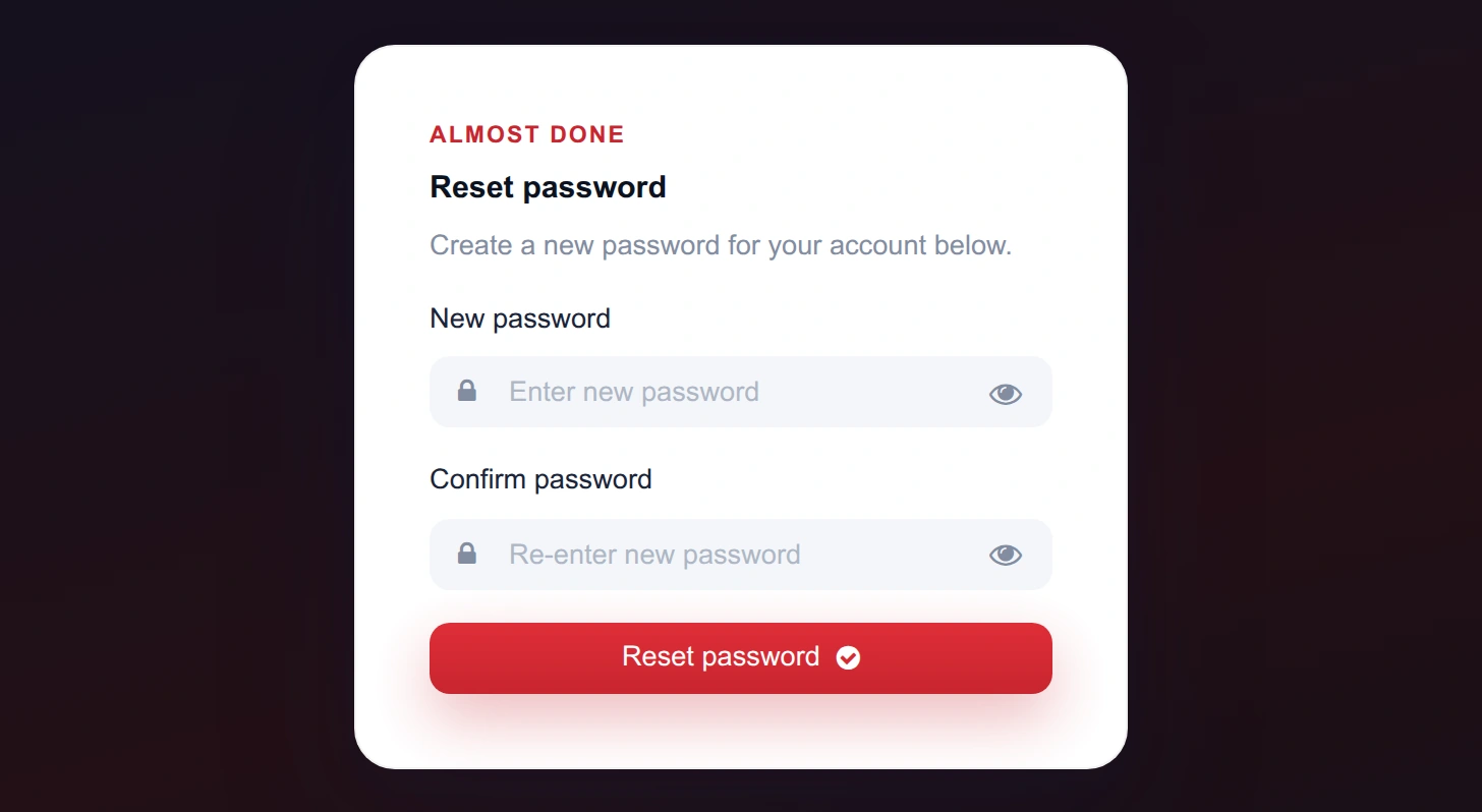 Reset password screen with new password and confirm password fields