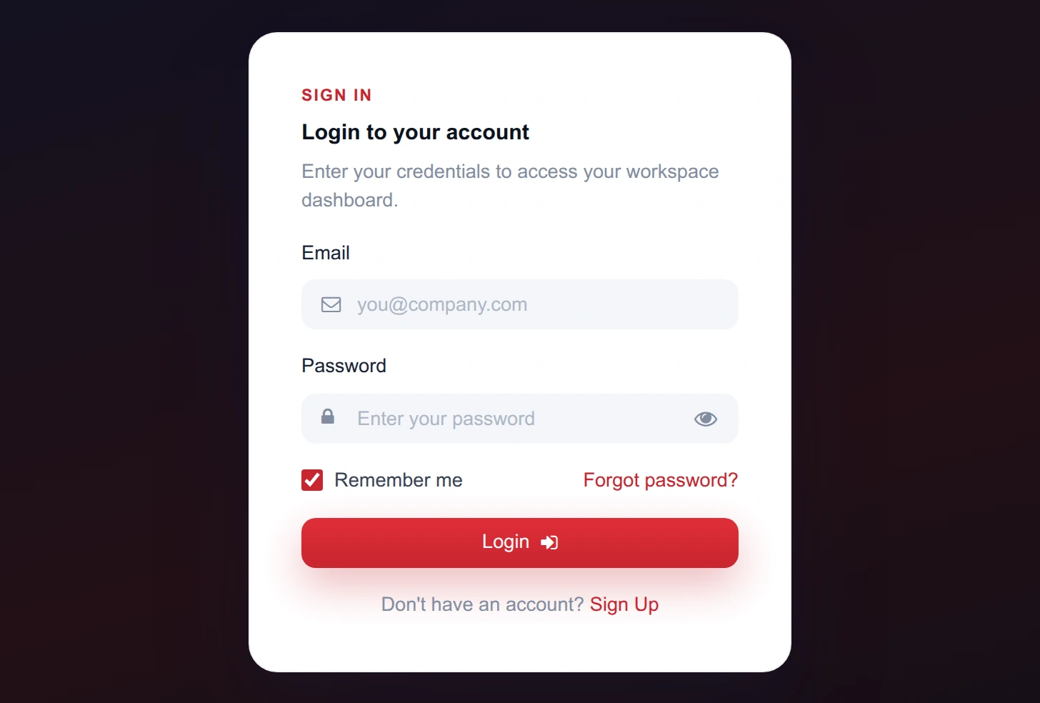 Sign-in form with email, password, Remember me and a Sign Up link