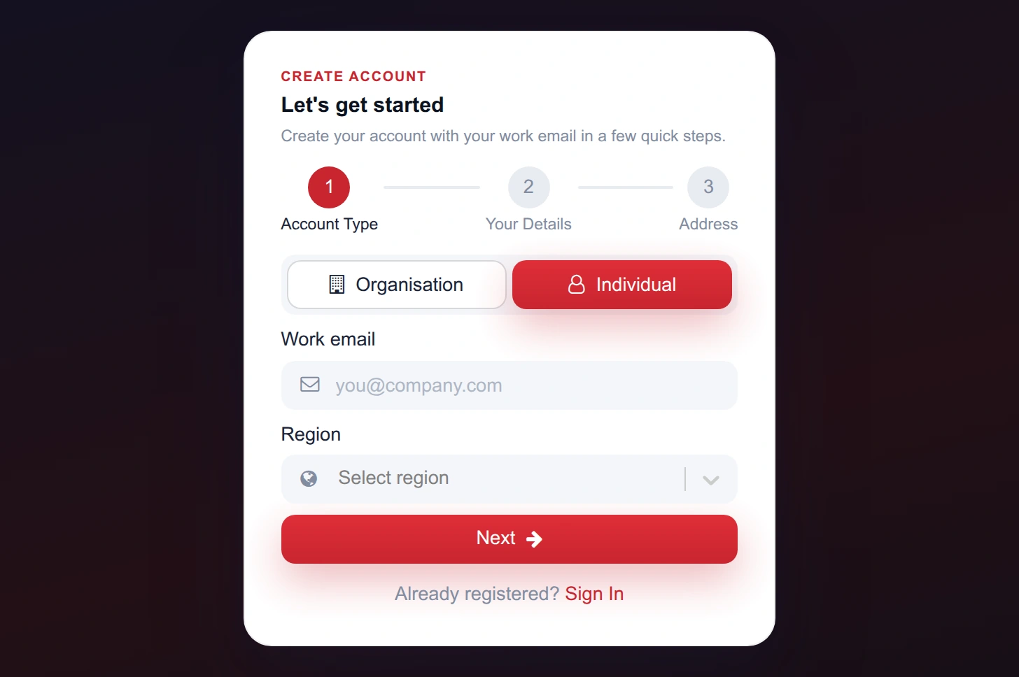 Sign-up step one with Individual selected, showing work email and region only