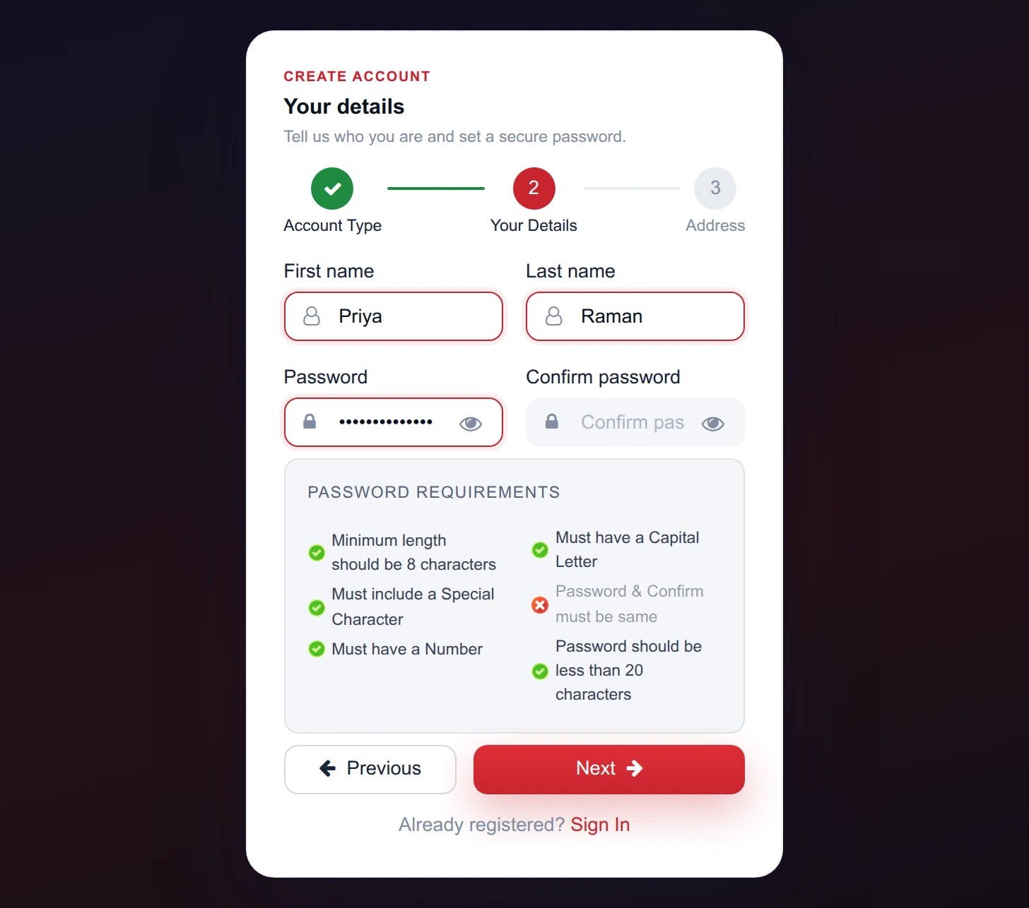 Sign-up step two with the password requirements checklist part-satisfied