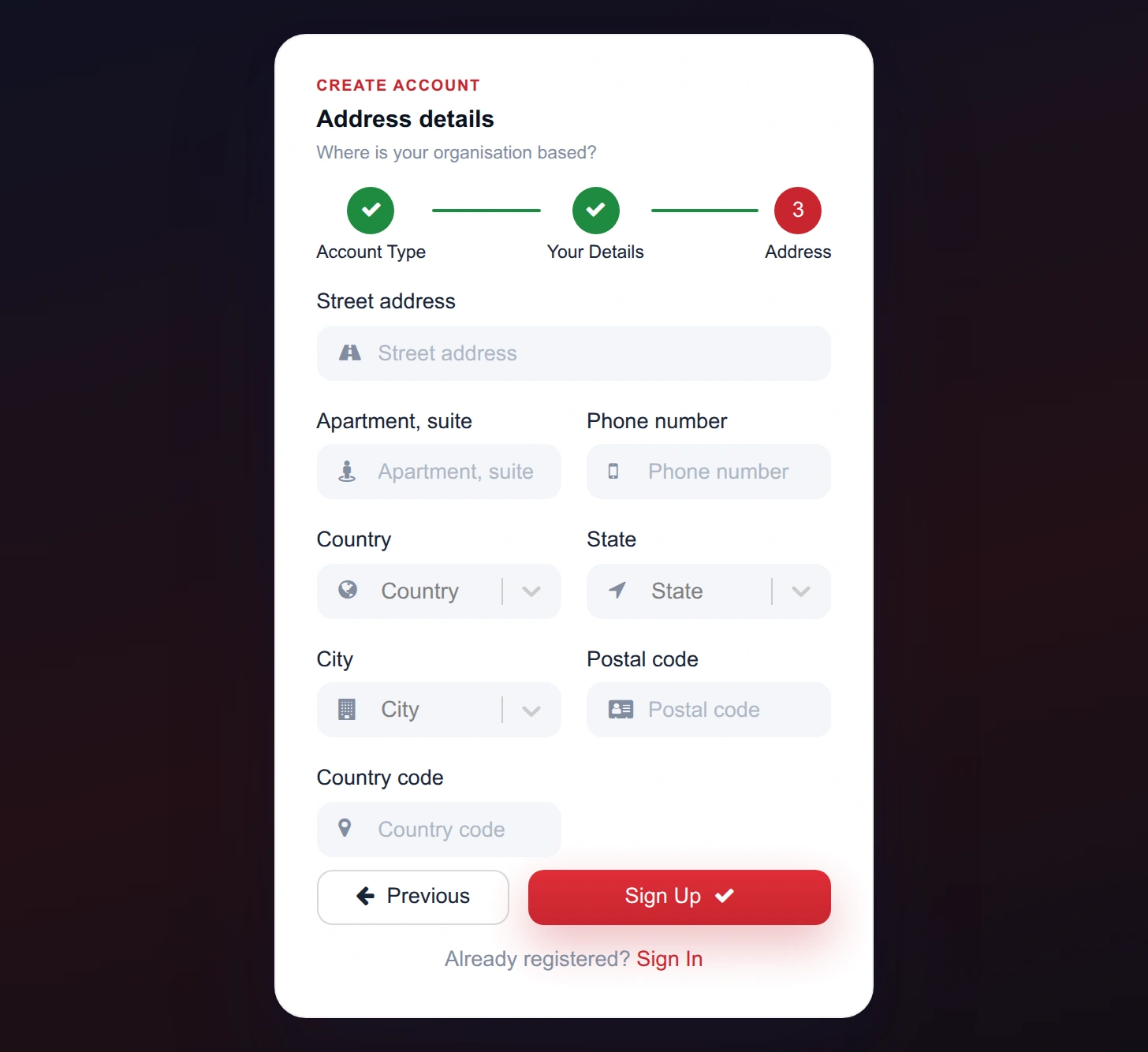 Sign-up step three: street address, phone, country, state, city and postal code