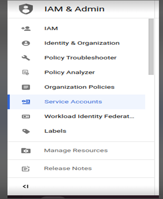 IAM and Admin menu with Service Accounts selected
