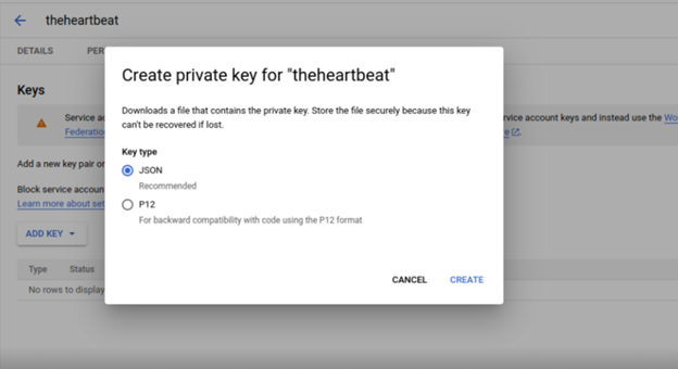 Create new key dialog with JSON selected