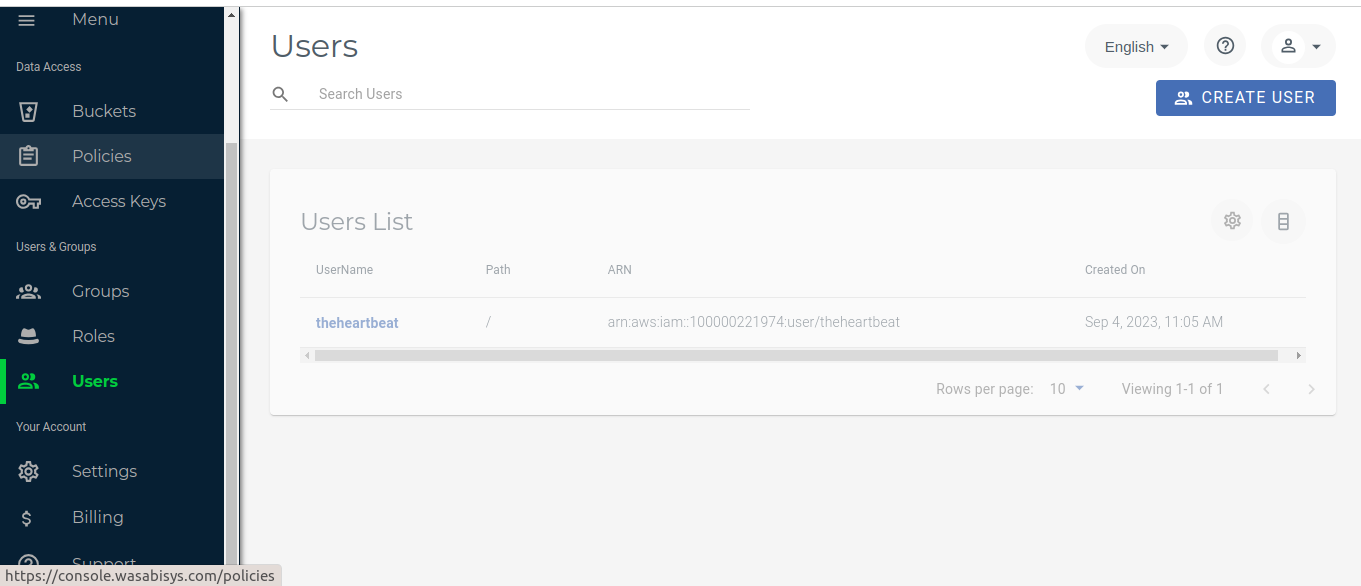 Create User in the Wasabi console