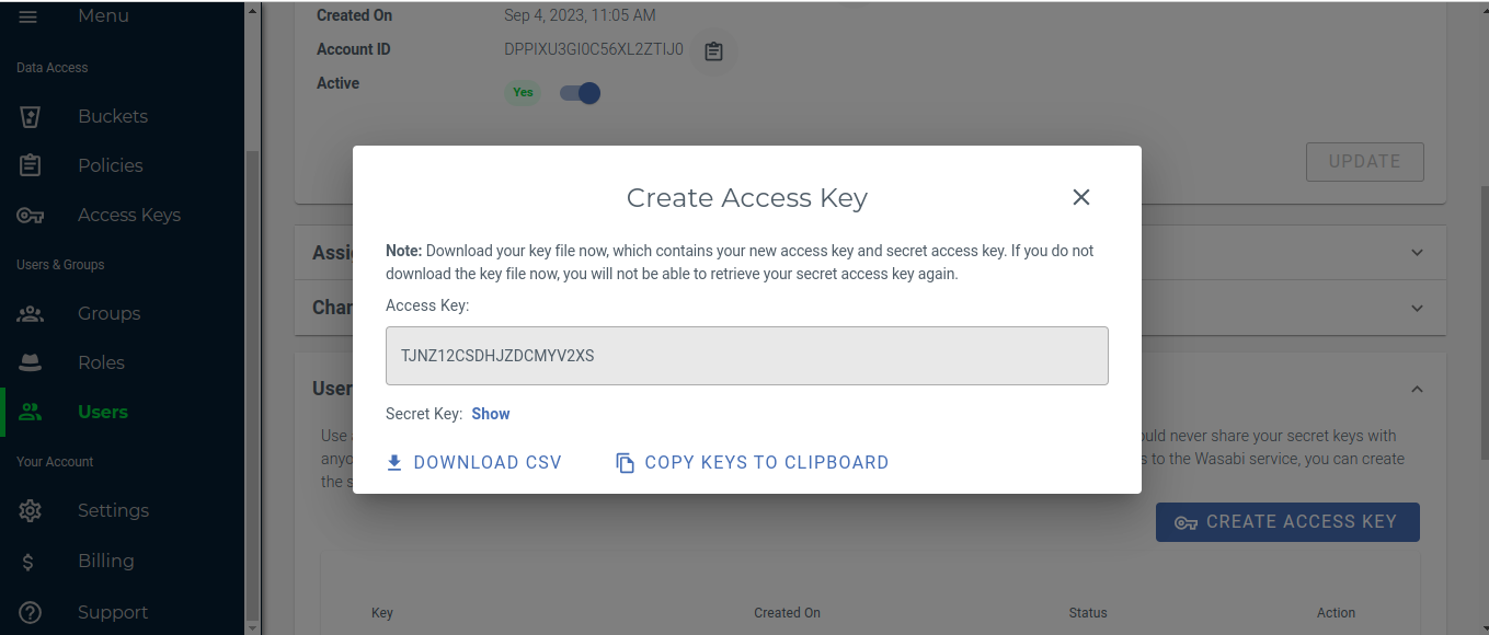 Downloading the CSV with the access and secret keys